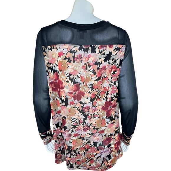 LOGO by Lori Goldstein Printed Sheer Top with Solid Details Medium Black - Picture 7 of 13